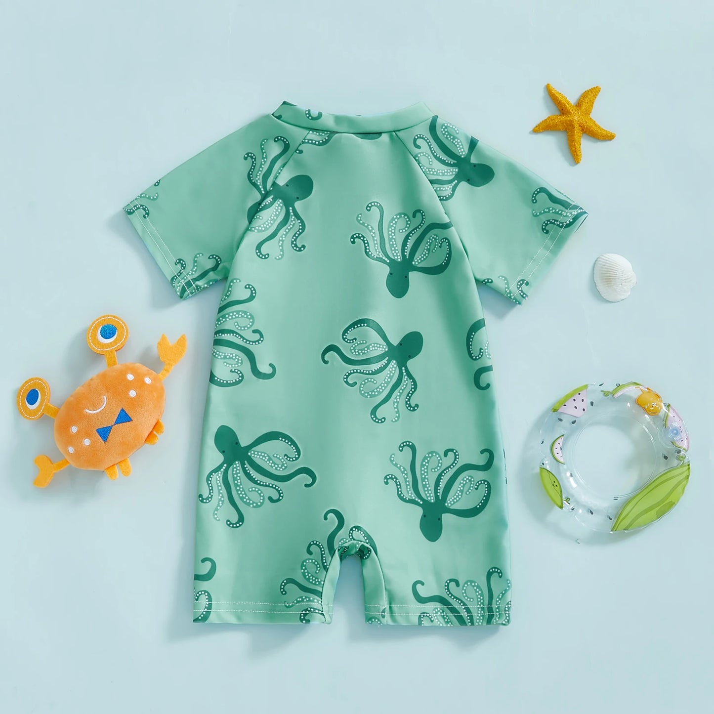 MISOWMNJOY Summer Children Boys Rash Guard Swimsuit Cute Octopus Print Zip Up Short Sleeve Baby Boys Swimwear Bathing Suit