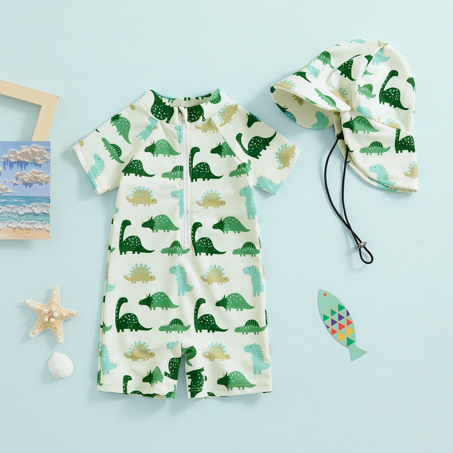 Tregren 0-3Y Infant Toddler Kid Baby Boy Swimsuit Dinosaur Shell Print Zipper Swimwear + Hat Summer Beachwear Bathing Suit