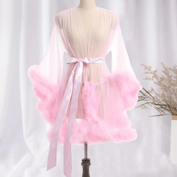 Waist-tie Sleepwear Elegant Mesh Ruffle Nightgown with Adjustable Waist Tie Sexy Plush Trim Sleepwear for Women Pleated Party