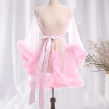 Waist-tie Sleepwear Elegant Mesh Ruffle Nightgown with Adjustable Waist Tie Sexy Plush Trim Sleepwear for Women Pleated Party
