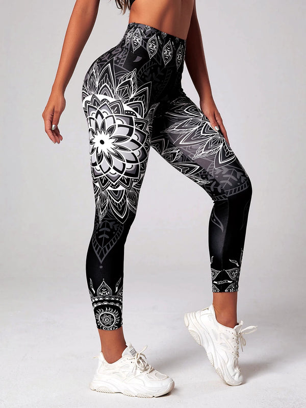 Lotus patterned high waisted leggings, suitable for yoga, running, and dancing as hip lifting sportswear - sporty and fashionabl
