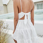 Women Summer Dress Solid Color Crochet Spaghetti Strap V-Neck Backless Tied Braces Short Dress for Girls White