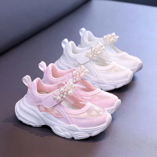 Girls' Mesh Hollowed Tennis Shoes 2024 Summer New Children's Solid Color Pearl Sports Shoes Kids Cute Heart Princess Sneakers
