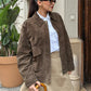 Fashion Brown Suede Bomber Jacket Women Elegant Zipper Lapel Long Sleeve Short Coats Female Vintage Street Chic Lady Outerwear