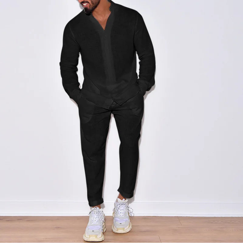 Autumn men's new fashion casual linen suit long sleeve overalls single breasted solid color button suit