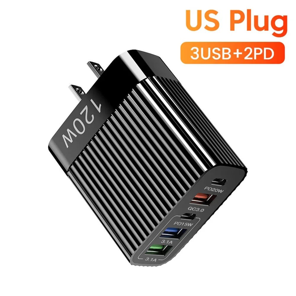 USB швидкий зарядний пристрій 5 портів PD Type C швидка зарядка адаптер для телефону iPhone 15 Pro Samsung Xiaomi Huawei USB C настінний зарядний пристрій