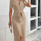 Women's Casual V Neck Short Sleeved Single-breasted Lace-up MIDI Dress Summer Solid Color Stylish Elegant Female Shirt Dresses