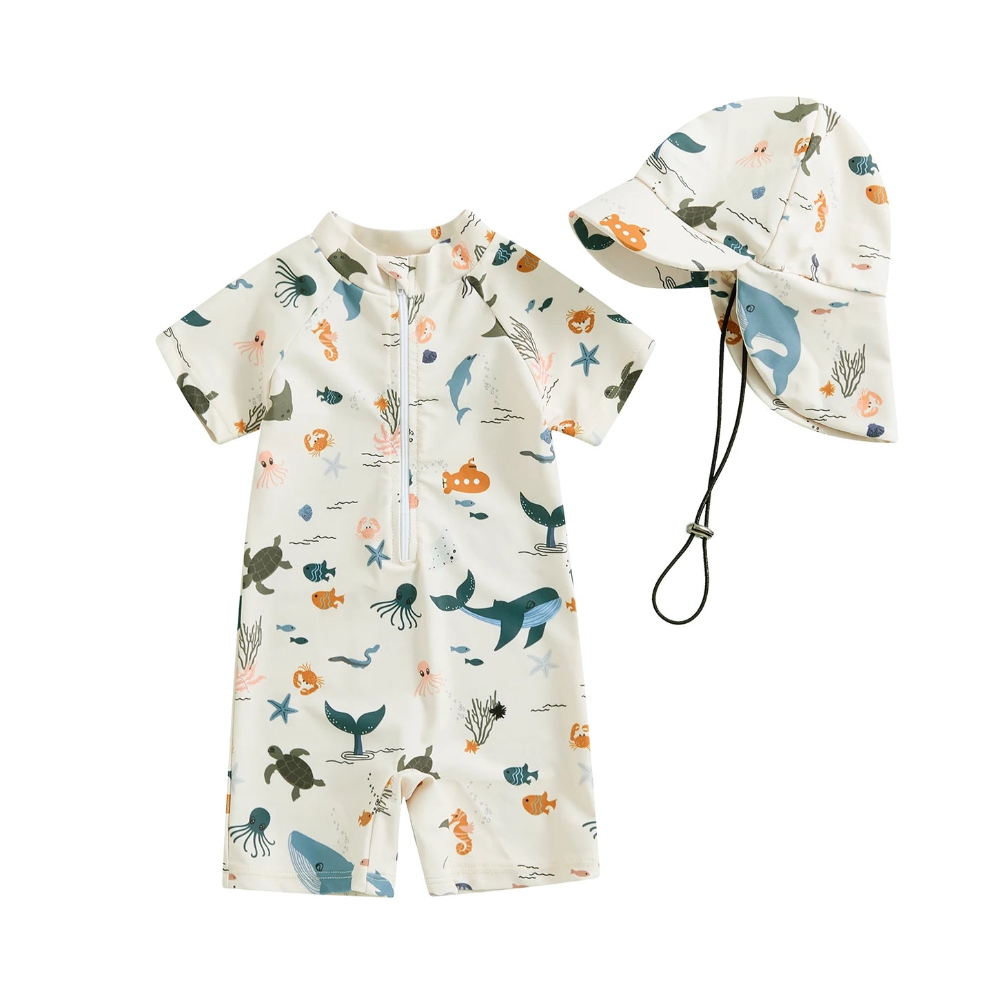 Tregren 0-3Y Infant Toddler Kid Baby Boy Swimsuit Dinosaur Shell Print Zipper Swimwear + Hat Summer Beachwear Bathing Suit