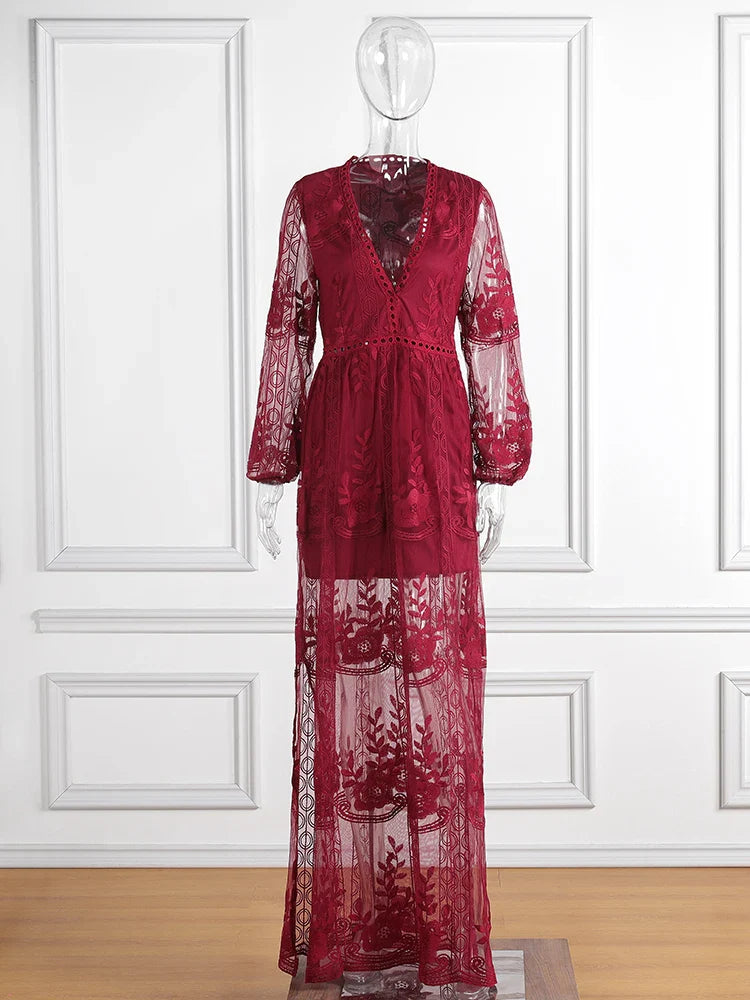 Jastie 2025 Summer Boho Women Maxi Dress Loose Embroidery White Lace long Tunic Beach Dress Vacation Holiday Women Clothing