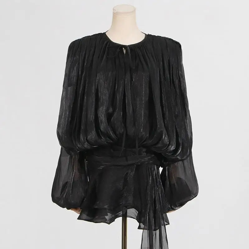 Fashion Ruffles Hem Solid Mini Dress Women Elegant O-neck Lantern Sleeve Short Dresses 2025 New High Street Vocation Vestidos