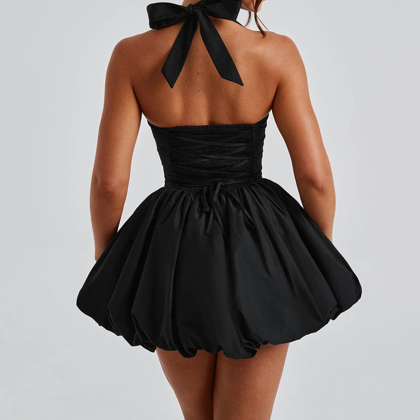 Women Fashion Sexy Cocktail Mini Dress Solid Halter Neck Bubble Dress Kawaii Tie Up A Line Dress Sexy Corset Club Dresses