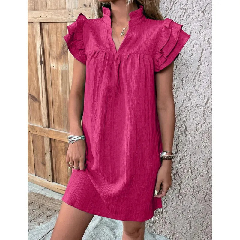 Womens Dress 2024 Summer New Fashion Versatile Multi Layered Ruffle Sleeve V-neck Pullover Dress Green Solid Mini A-Line Dresses