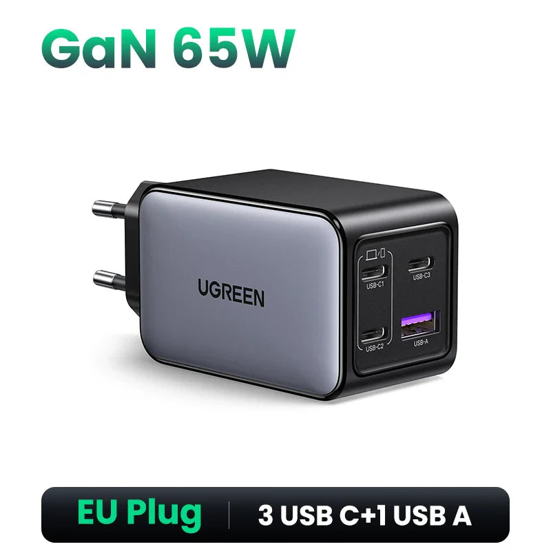 UGREEN 65W GaN зарядний пристрій 4 порти USB C швидка зарядка Quick Charge 3.0 PD 3.0 для Macbook Air, ноутбуків, планшетів, iPhone 16 15 14 Pro Max