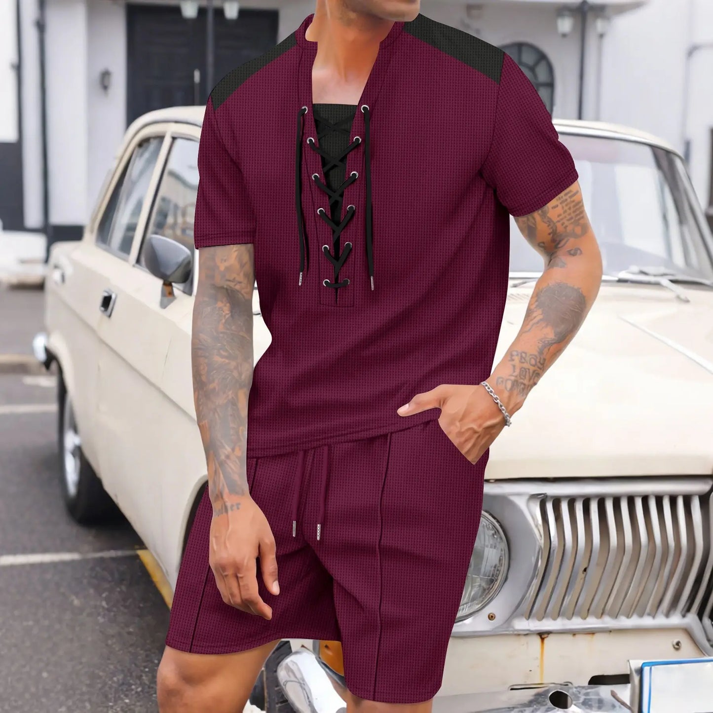 2025 summer men's new leisure fashion city wear rope round neck T trend Waffle short-sleeved shorts two-piece suit