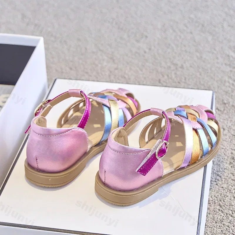 Girls Sandals New 2025 Summer Fashion Princess Party Dress Shoes Kids Colorful Soft Sandals Toddler Children Beach Weave Flats