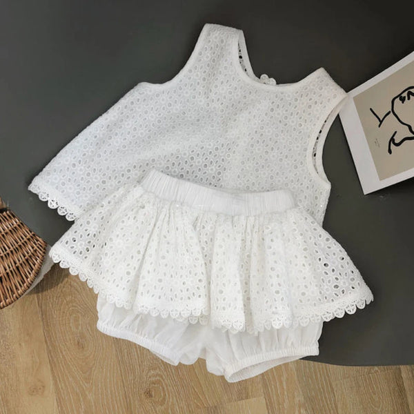 Girls Summer New Clothing Sets Hollow Lace Suit Baby Casual Sleeveless T-shirt Shorts Kids Clothing Sets Baby Clothes Sets