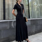 Elegant V Neck Denim Patchwork Knitted Long Dress Women Fashion Short Sleeved Buttons Bodycon Dresses Office Lady Pockets Robes