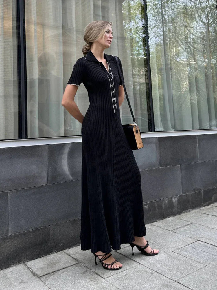 Elegant V Neck Denim Patchwork Knitted Long Dress Women Fashion Short Sleeved Buttons Bodycon Dresses Office Lady Pockets Robes