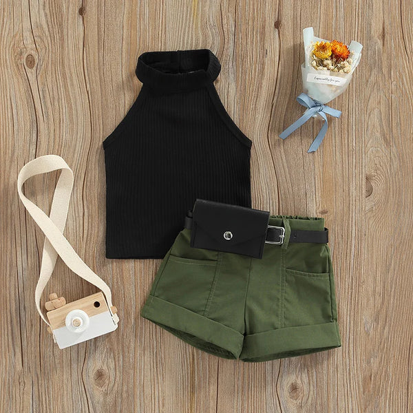 Newborn Toddler Baby's Clothes Girls 3PCS Summer Outfits Sleeveless Halter Tops Shorts Waist Bag Children's Clothing Set
