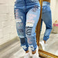 Women Denim Jeans Ankle Length Print Holes Pencil Pants Pockets Washing Slim Basics Zipper Fly Spring Flat Slight Strech