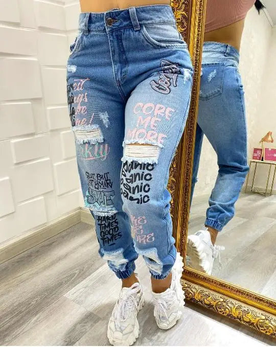 Women Denim Jeans Ankle Length Print Holes Pencil Pants Pockets Washing Slim Basics Zipper Fly Spring Flat Slight Strech