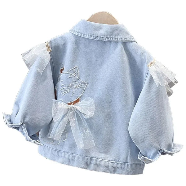 Autumn Girls Coat Denim Jacket Lace Bow Tie Kids for Girls Coats Toddler Outerwear Birthday Gift Kids Girls Cowboy Child Jackets