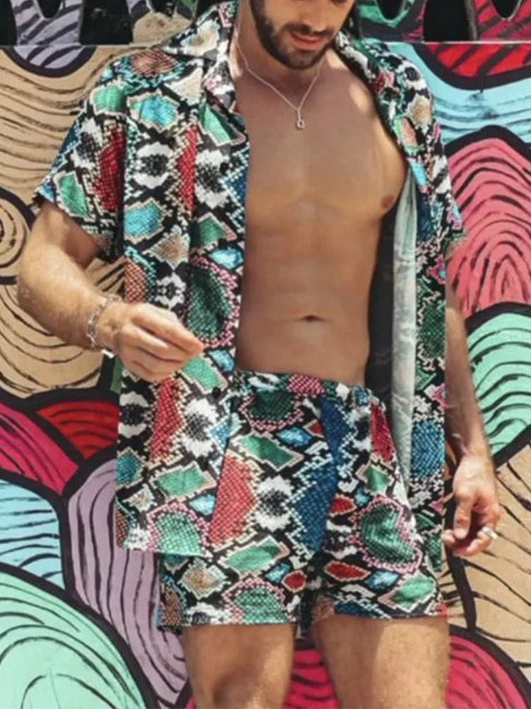 Beach Style Casual Two Piece Mens Outfits Set Summer Fashion Striped Short Sleeve Lapel Shirts and Shorts Suits for Men Clothing