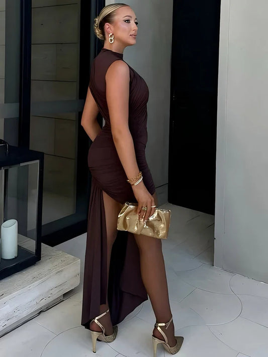 JULISSA MO Irregular Round Neck Ruched Ribbon Women Dress Coffee Sleeveless High Waist Mini Dress Summer Slim Party Club Outfits