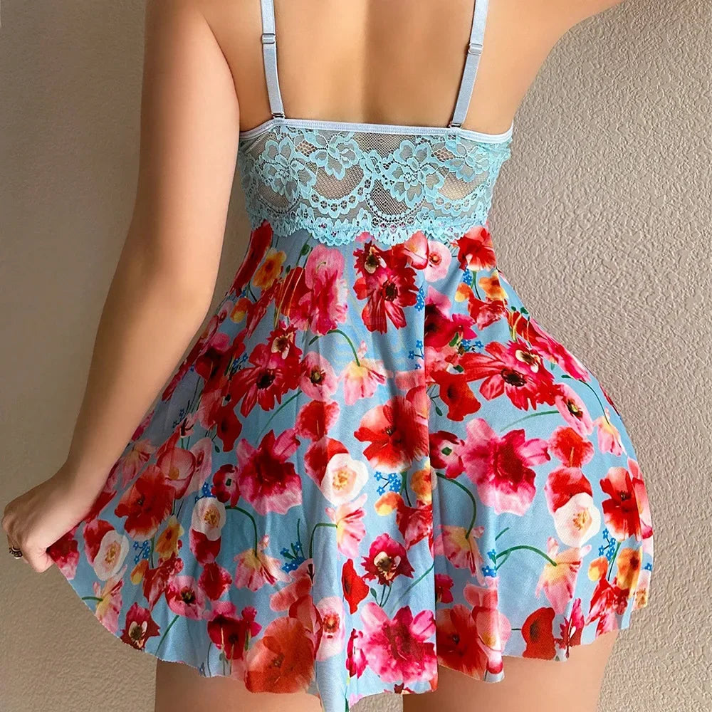 Sexy Nightgown Woman Print Floral Romantic Lingeries Attractive Sleepwear Summer Pajamas Intimate Babydoll New Dresses