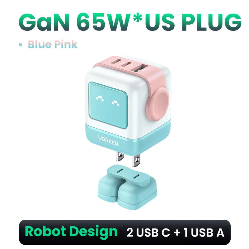 UGREEN 65W GaN зарядний пристрій Uno Robot Design швидка зарядка 4.0 3.0 PPS PD швидкий зарядний пристрій для iPhone 16 15 14 Pro Macbook ноутбук планшет