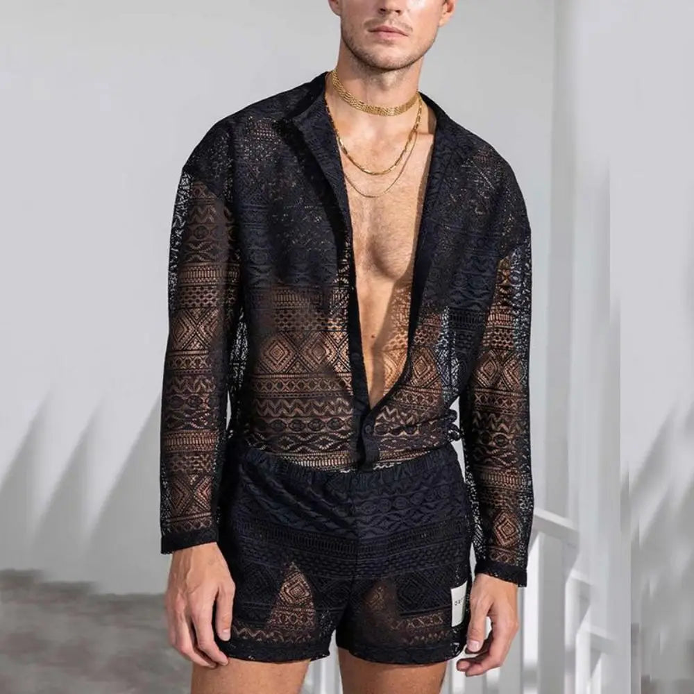 Mens Fashion Set Summer New Hollow Out Sexy Lace Shorts Pattern Print Shirt Two Piece Suits Trendy Elegant Beach Clothes Outfits