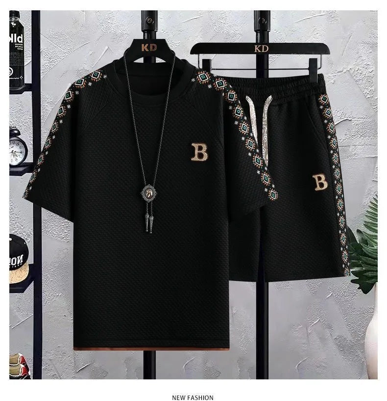 Summer New Fashion Trend Short Sleeve Shorts Ice Silk Suit Men Loose Sports Breathable Large Size High Quality Two-Piece Set