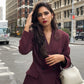 Vintage Women's Burgundy Blazers Elegant Lapel Double Breasted Pocket Full Sleeve Suit Jacket 2024 Autumn Lady Office Outwear