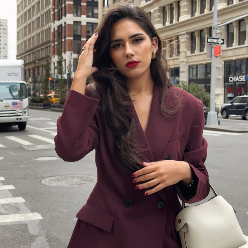 Vintage Women's Burgundy Blazers Elegant Lapel Double Breasted Pocket Full Sleeve Suit Jacket 2024 Autumn Lady Office Outwear