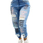 Women Denim Jeans Ankle Length Print Holes Pencil Pants Pockets Washing Slim Basics Zipper Fly Spring Flat Slight Strech