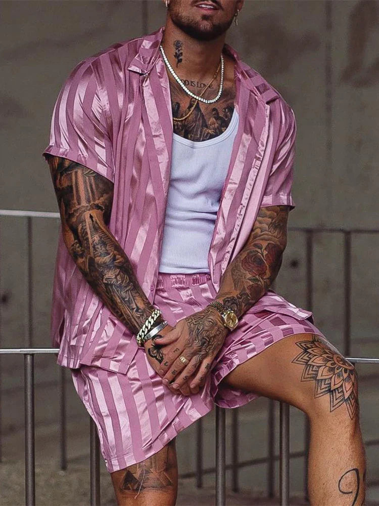 Beach Style Casual Two Piece Mens Outfits Set Summer Fashion Striped Short Sleeve Lapel Shirts and Shorts Suits for Men Clothing