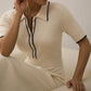 Women's White Knit Maxi Dress, Short Sleeve, Patchwork, Elegant Party Dress, Knitwear Lapel, High Street, Fashion