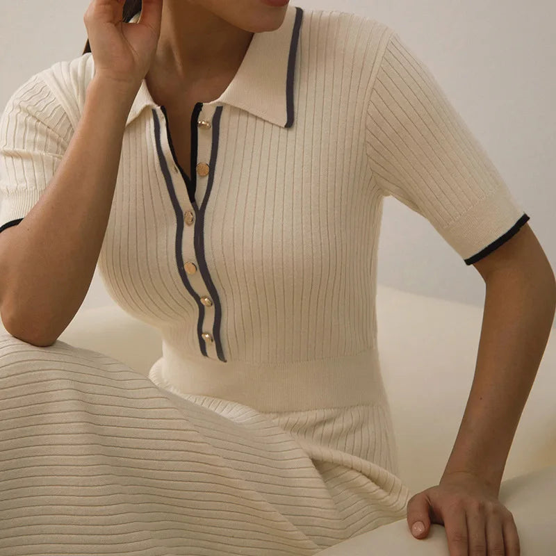 Women's White Knit Maxi Dress, Short Sleeve, Patchwork, Elegant Party Dress, Knitwear Lapel, High Street, Fashion