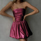 Talenza Pink Off Shoulder Pleated Mini Dress Women's Sexy Sleeveless A-Line Dress Elegant One Shoulder Backless Party Mini Dress