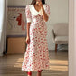 Clacive Fashion Slim Print Women's Dress Summer Lapel Short Sleeve Ankle Length Dresses Elegant High Waist Slit Female Dress