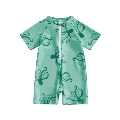 MISOWMNJOY Summer Children Boys Rash Guard Swimsuit Cute Octopus Print Zip Up Short Sleeve Baby Boys Swimwear Bathing Suit