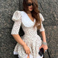 Clacive Summer Slim Print Women'S Dress 2023 Bodycon Doll Collar Short Sleeve Mini Dresses Elegant Lace Patchwork Female Dress