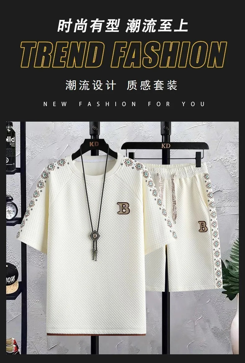 Summer New Fashion Trend Short Sleeve Shorts Ice Silk Suit Men Loose Sports Breathable Large Size High Quality Two-Piece Set