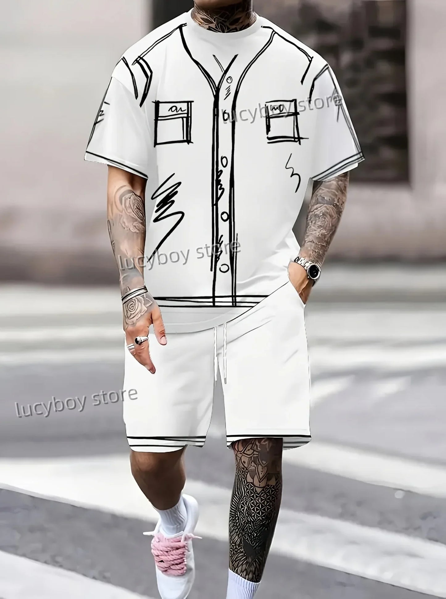 new Men Funny Scribble Sport T-shirt+shorts Suit Set American high luxury Tracksuit Outfit Summer Oversized 2 Piece Set Clothes