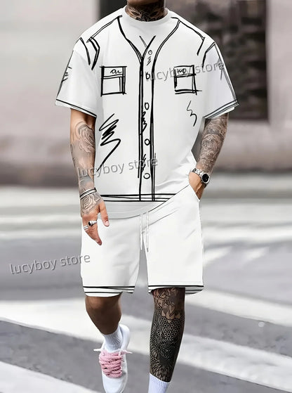 new Men Funny Scribble Sport T-shirt+shorts Suit Set American high luxury Tracksuit Outfit Summer Oversized 2 Piece Set Clothes