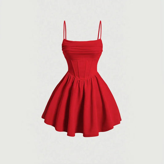 Mia Muse Women's A-Line Mini Short Dresses Square Neck Sleeveless Solid Red Elegant Party Summer Sexy Milkmaid Pleated Dresses