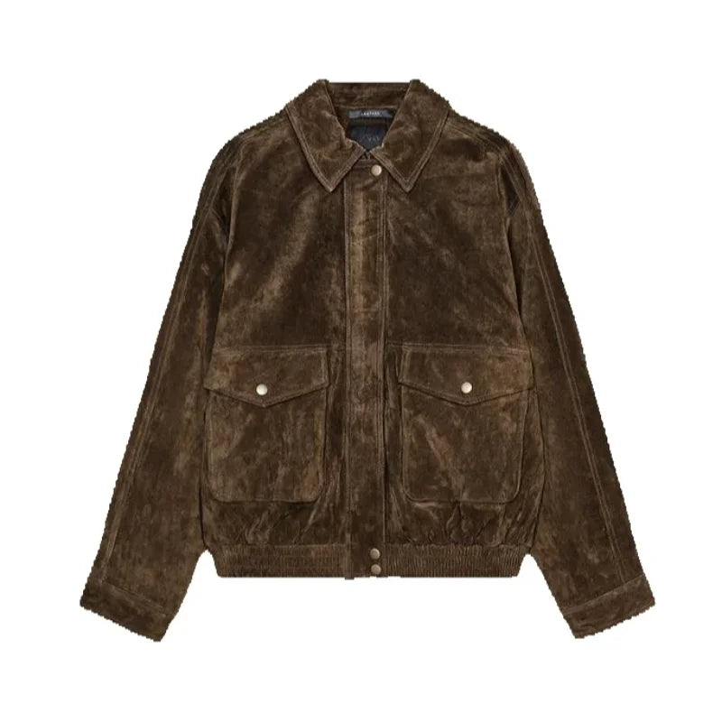 Fashion Brown Suede Bomber Jacket Women Elegant Zipper Lapel Long Sleeve Short Coats Female Vintage Street Chic Lady Outerwear