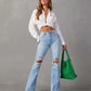 Women Denim Flare Pants Streetwear Jeans Loose Fit High Waist Pockets Holes Ankle Length Solid Color Spring 2024 Zipper Fly