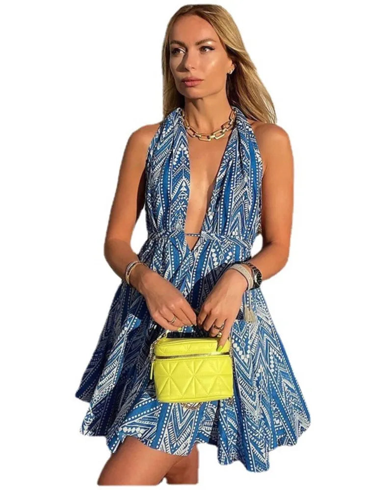 Sexy Halter Neck Beach Dresses For Women Printed Deep V-neck Backless Mini A-line Dress Chic Party Vacation Casual Lady Vestidos