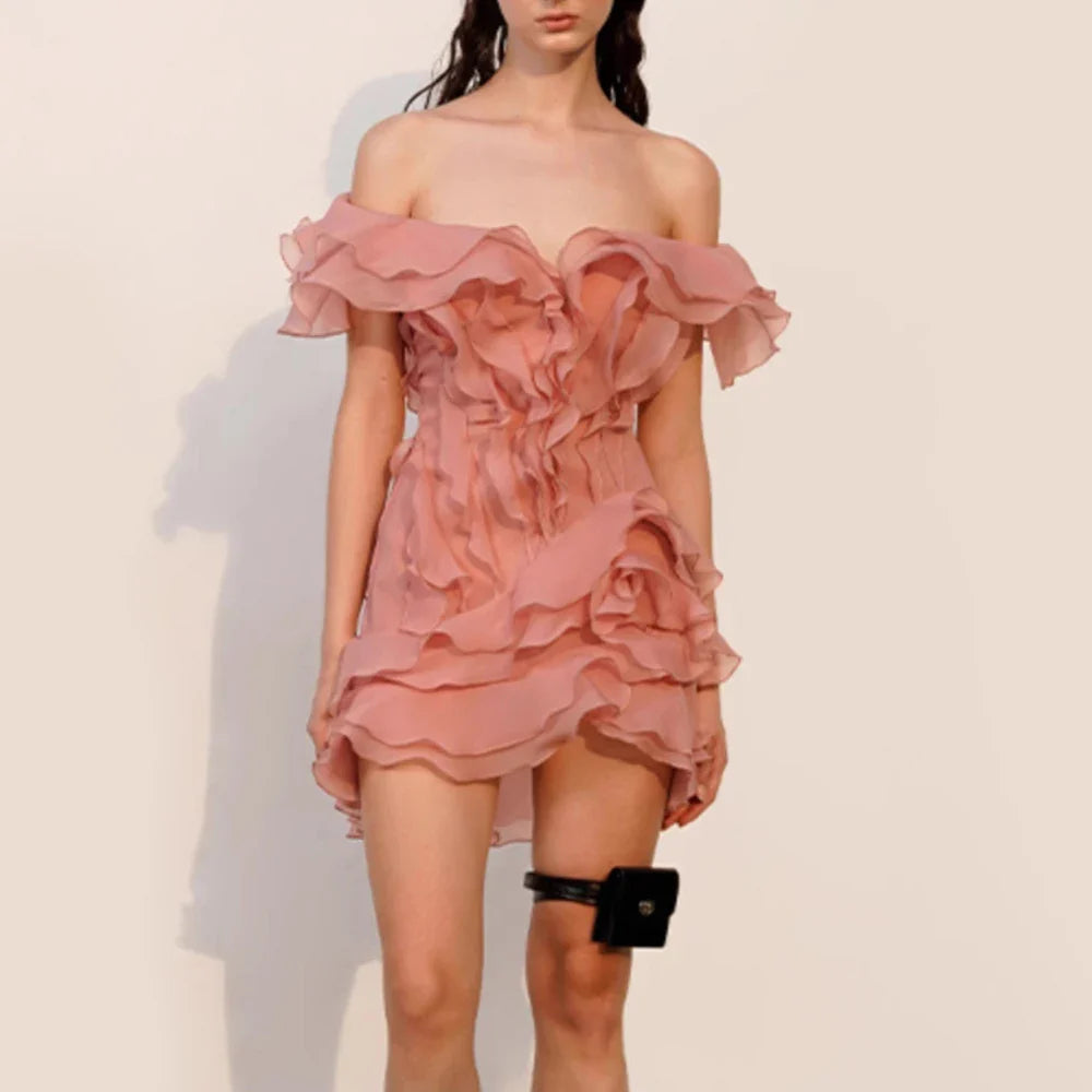 VGH Sexy Short Dress For Women Slash Neck Off The Shoulder Sleeve Backless High Waist Spliced Ruffles Dresses Female Fashion New